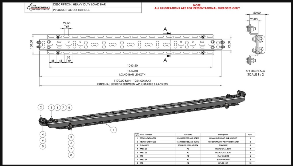 4RTHDLB roofbar(s) - 1200mm - (Heavy Duty Load Bar Assembly 1 Piece - for awning or rooftop tent fitment)